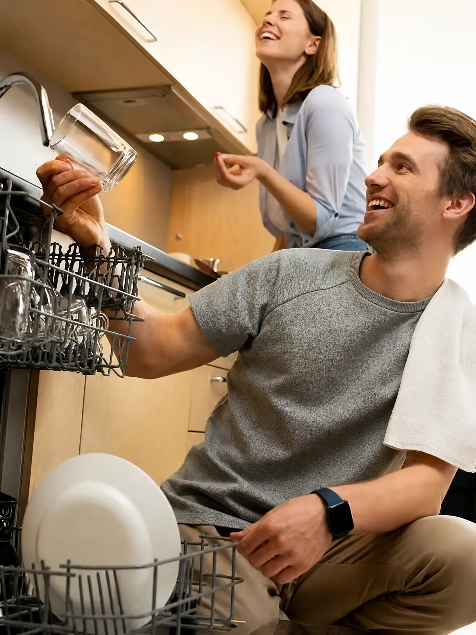 Family loading dishes beside an open dishwasher at home