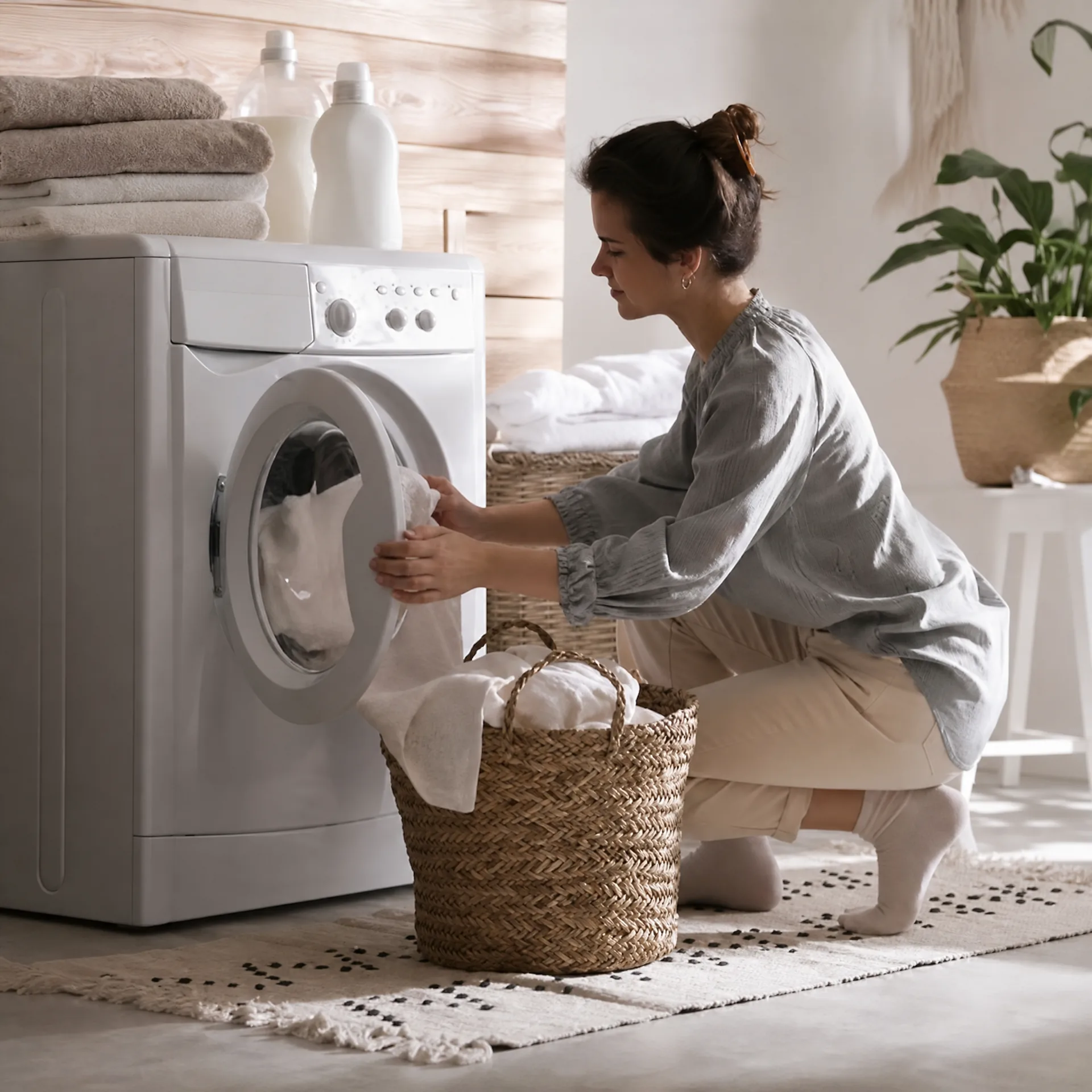 Woman loading laundry beside a home dryer