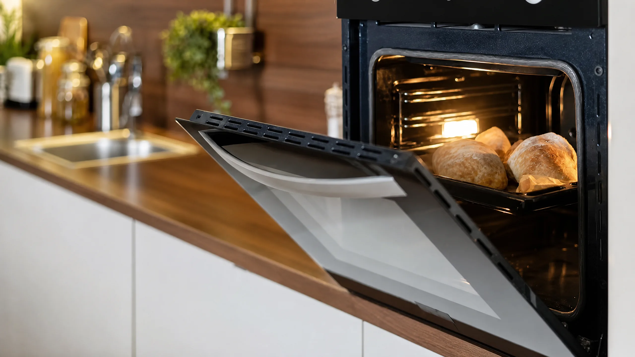Open oven baking bread in a warm home kitchen